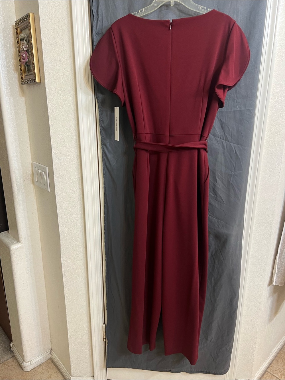 NWT Calvin Klein Women's Burgundy flutter Sleeve wide leg  belted Jumpsuit sz 14 - Picture 7 of 8